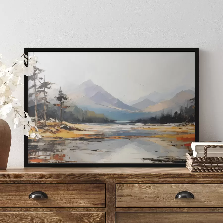 Fotobehang Bergketens in de vallei olieverfschilderij, landschap, natuur, blauw, wit gele kleur f39128