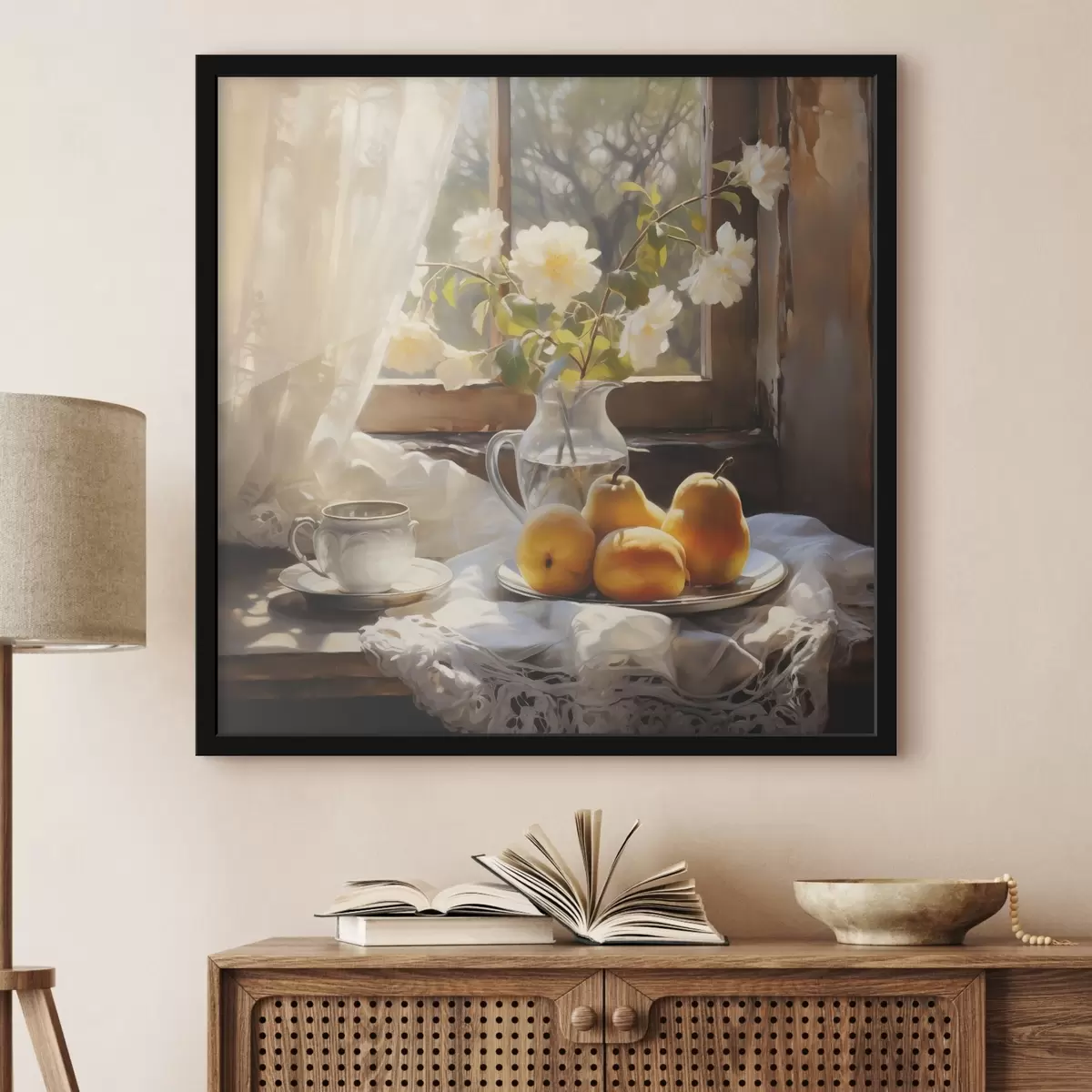 Poster Rustiek stilleven met gele rijpe peren op een bord op een tafel bij het raam, witte rozen in een glazen kan, witte kanten gordijnen f39129