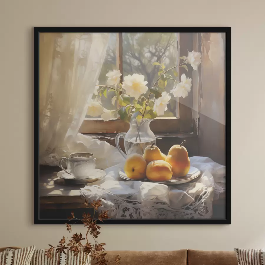 Papier peint photo Nature morte rustique avec des poires jaunes mûres sur une assiette sur une table près de la fenêtre, des roses blanches dans une cruche en verre, des rideaux en dentelle blanche f39129