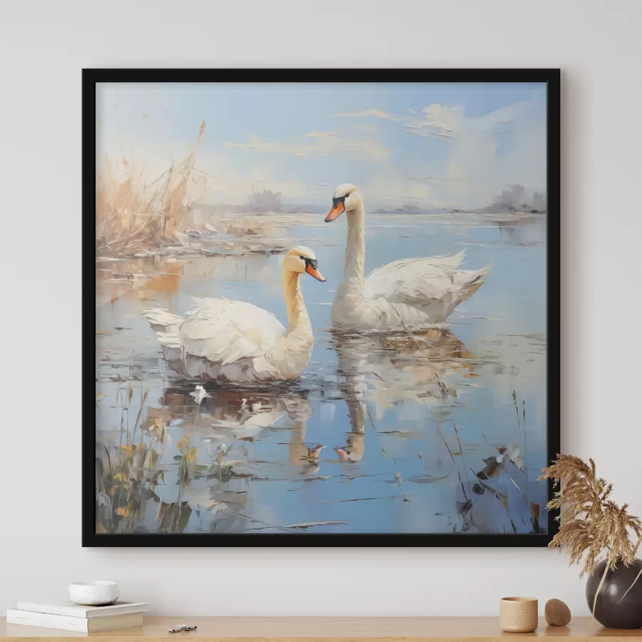 Fotobehang Witte ganzen zwemmen langs de rivier tussen het riet, blauw, wit, beige f39130