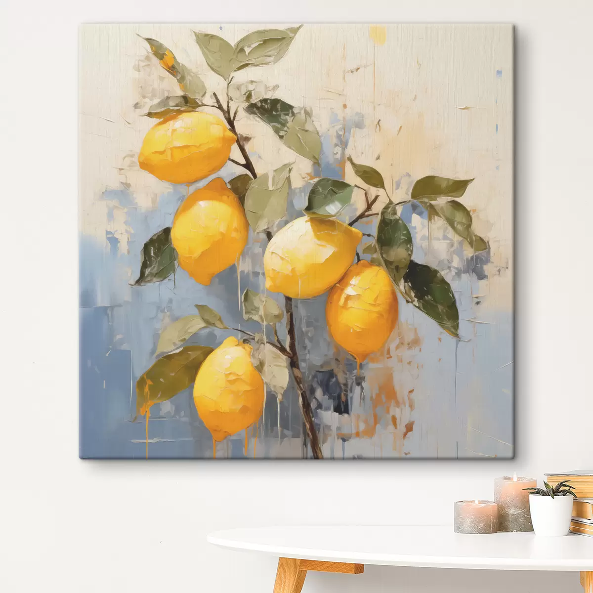  Peintures Branche avec des citrons mûrs peinture à l'huile art abstrait, couleur jaune, bleue et verte s39186