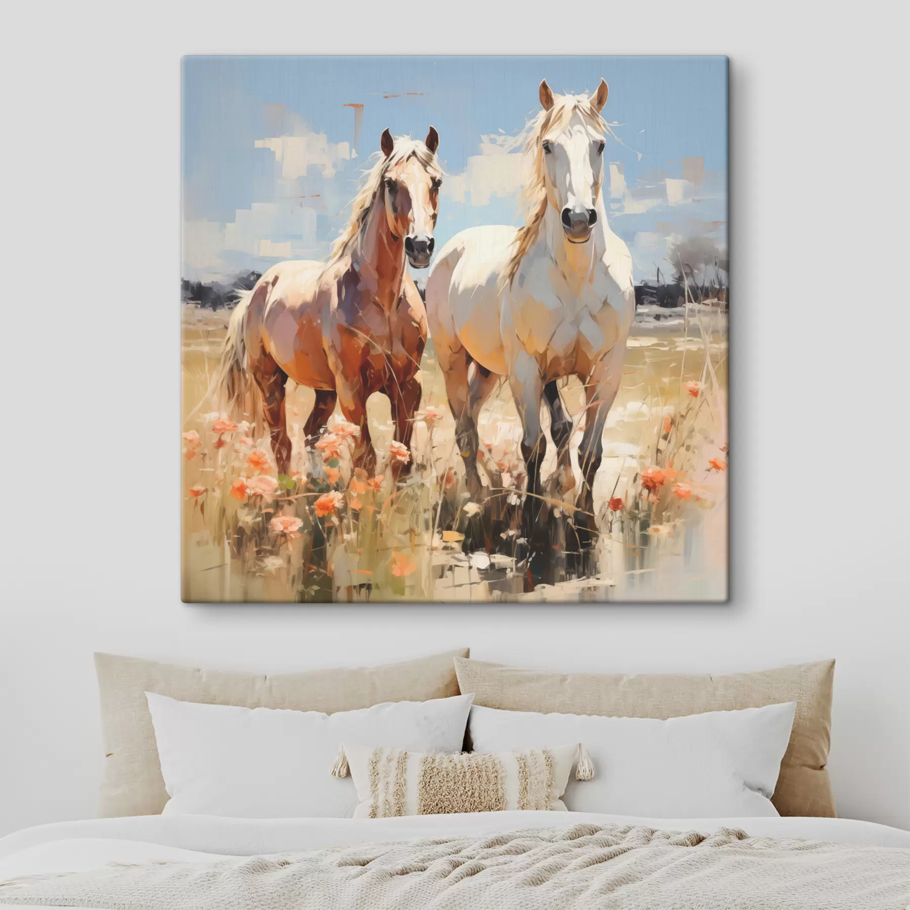 Fotobehang Witte en bruine paarden grazen in een weide tussen wilde bloemen olieverfschilderij abstracte kunst s39187