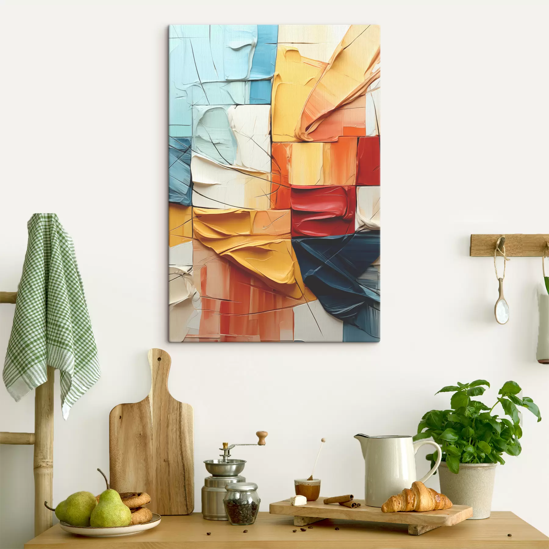 Fotobehang Stukken heldere verf met scheuren, vierkanten, kubismeschilderij s39196