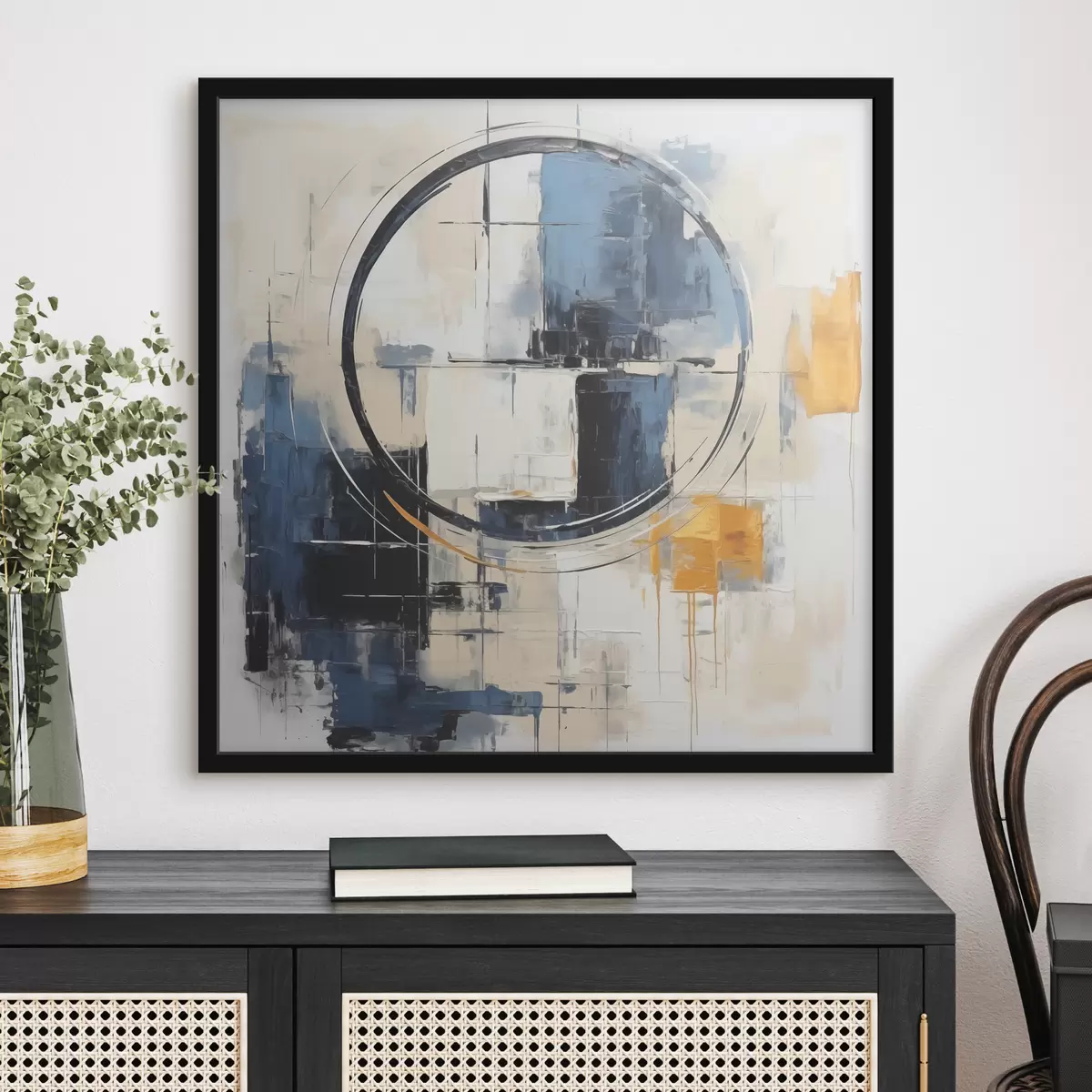 Poster Abstract kubisme, blauwe, oranje, witte lijnen, cirkelvormige figuur f39179