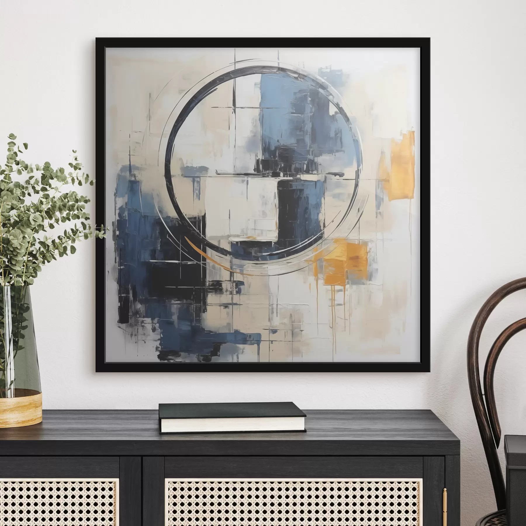 Papier peint photo Cubisme abstrait, traits bleus, orange, blancs, figure circulaire f39179