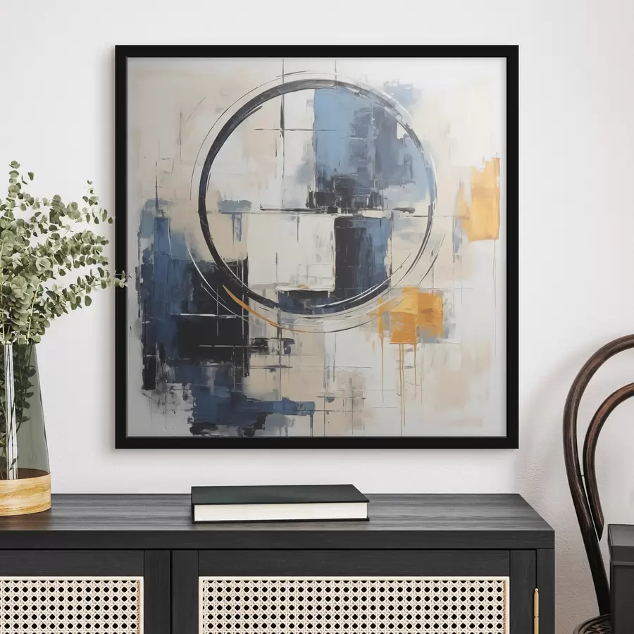 Papier peint photo Cubisme abstrait, traits bleus, orange, blancs, figure circulaire f39179