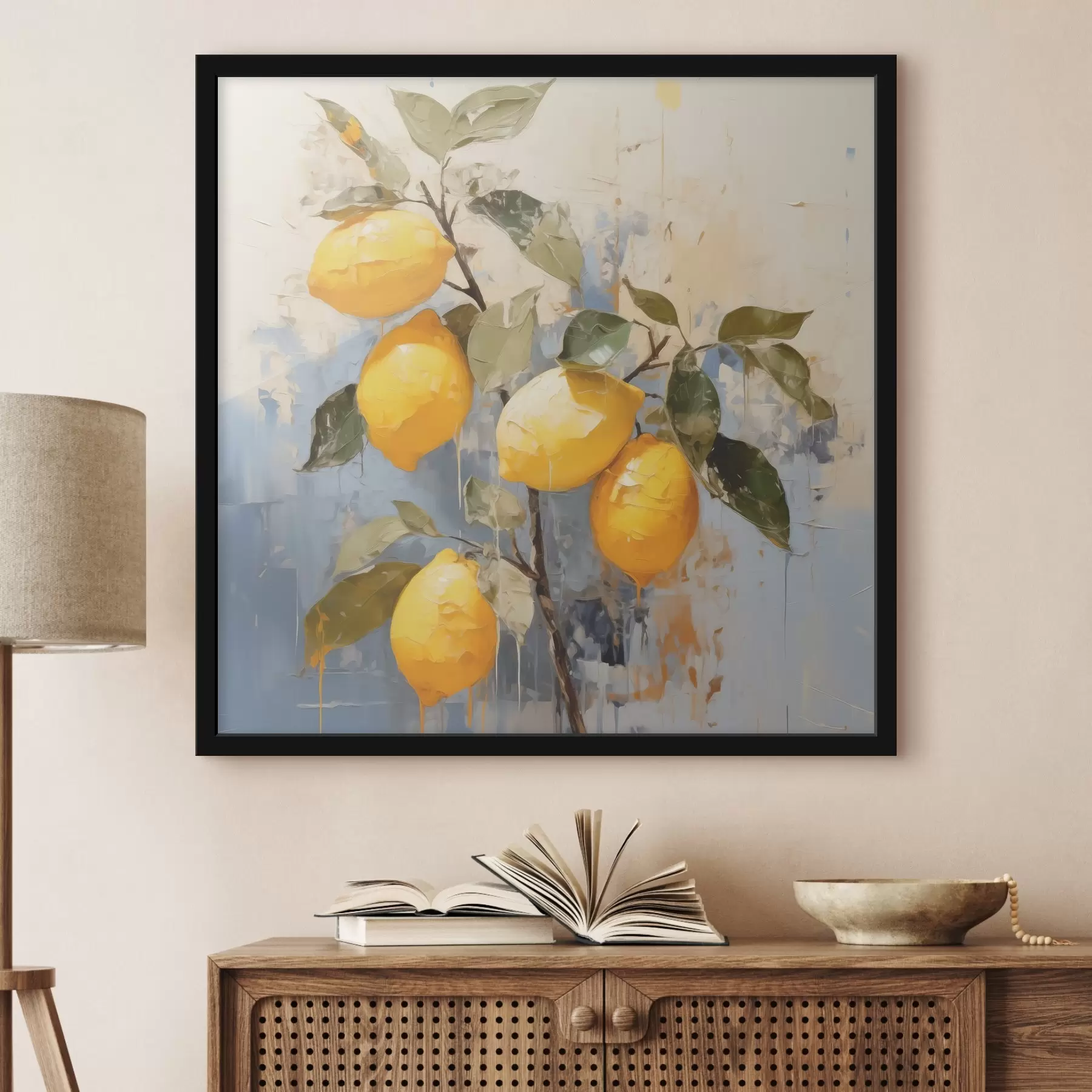 Papier peint photo Branche avec citrons mûrs, peinture à l'huile, art abstrait, couleurs jaune, bleu et vert f39186