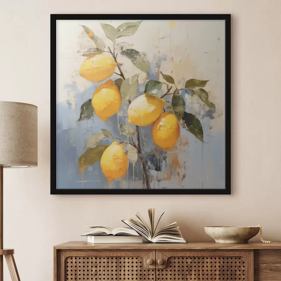 Papier peint photo Branche avec citrons mûrs, peinture à l'huile, art abstrait, couleurs jaune, bleu et vert f39186