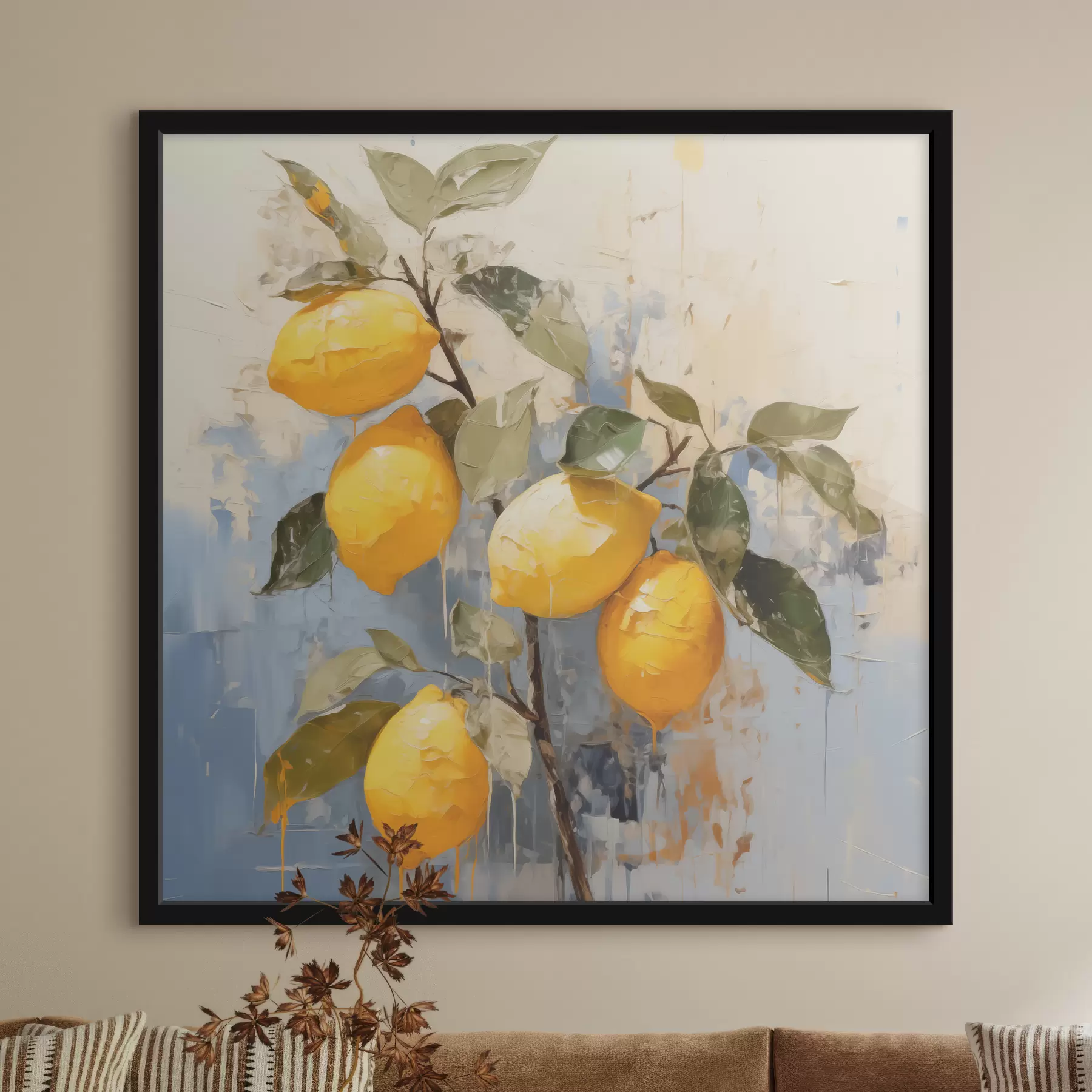  Peintures Branche avec citrons mûrs, peinture à l'huile, art abstrait, couleurs jaune, bleu et vert f39186