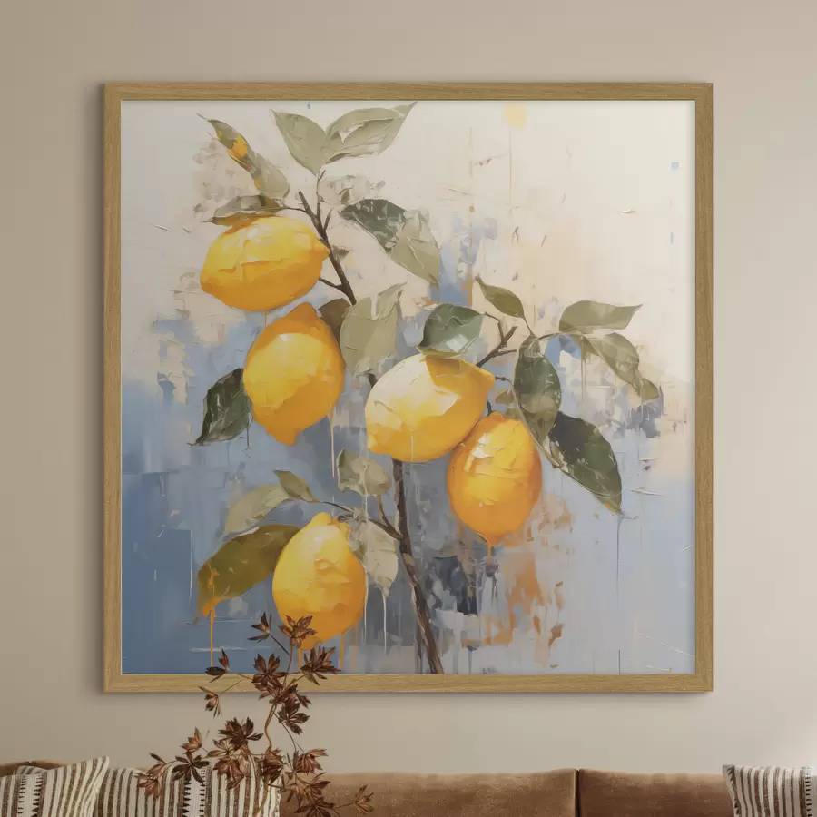 Papier peint photo Branche avec citrons mûrs, peinture à l'huile, art abstrait, couleurs jaune, bleu et vert f39186