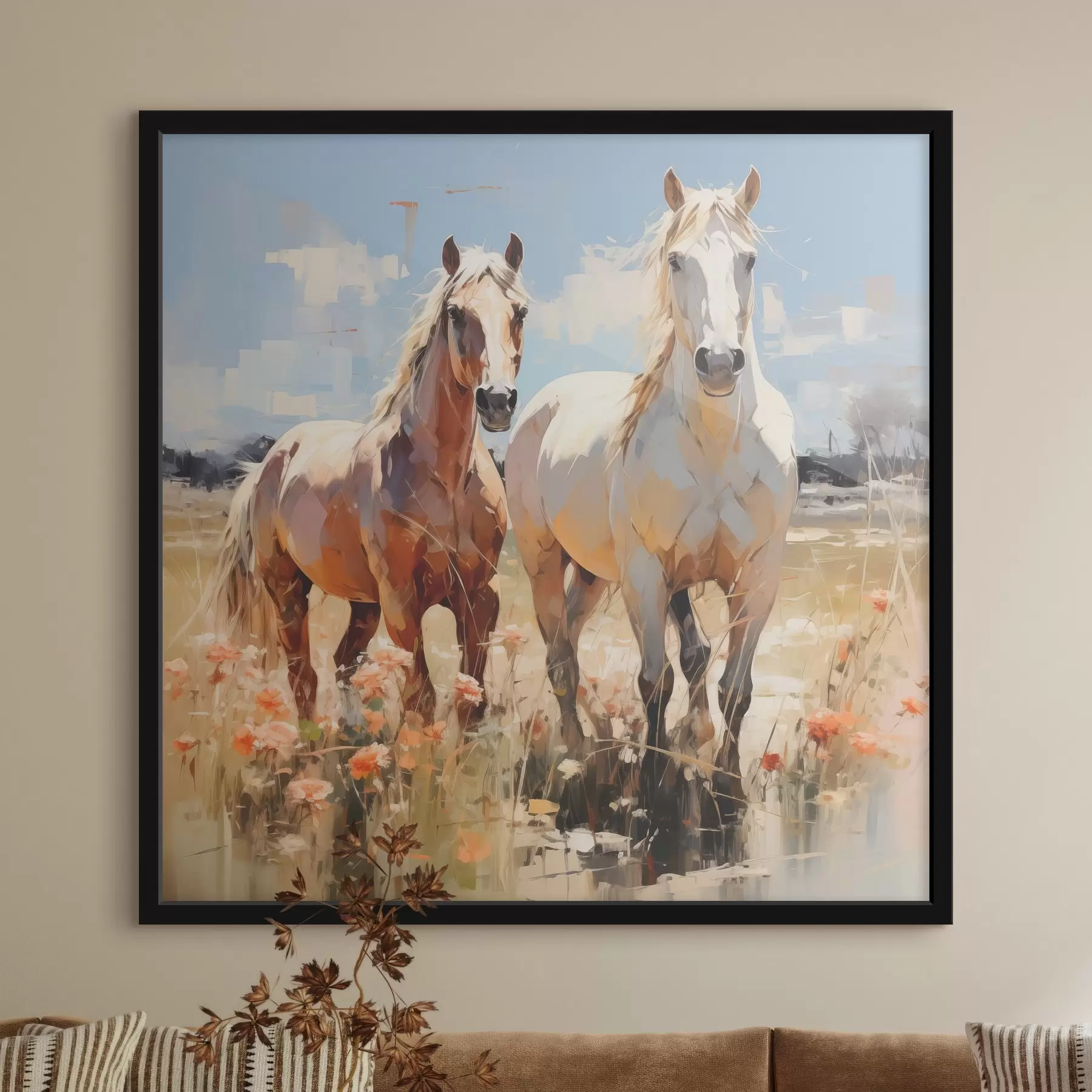  Peintures Des chevaux blancs et bruns broutent dans un pré parmi des fleurs sauvages, peinture à l'huile, art abstrait f39187