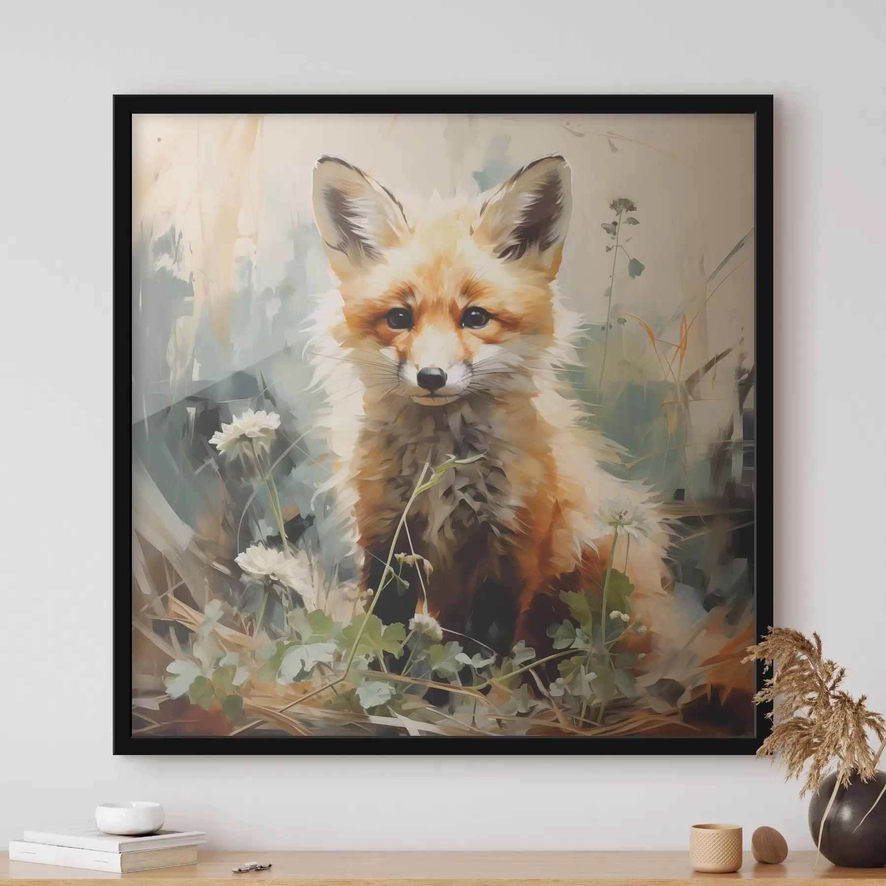  Peintures Renard roux assis dans l'herbe sèche sur fond vert. Peinture à l'huile f39191