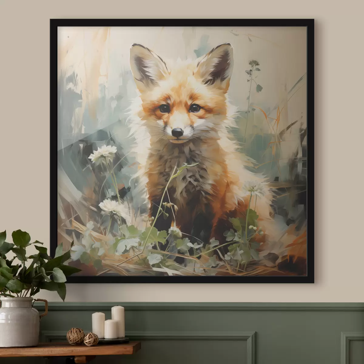 Affiche Renard roux assis dans l'herbe sèche sur fond vert. Peinture à l'huile f39191