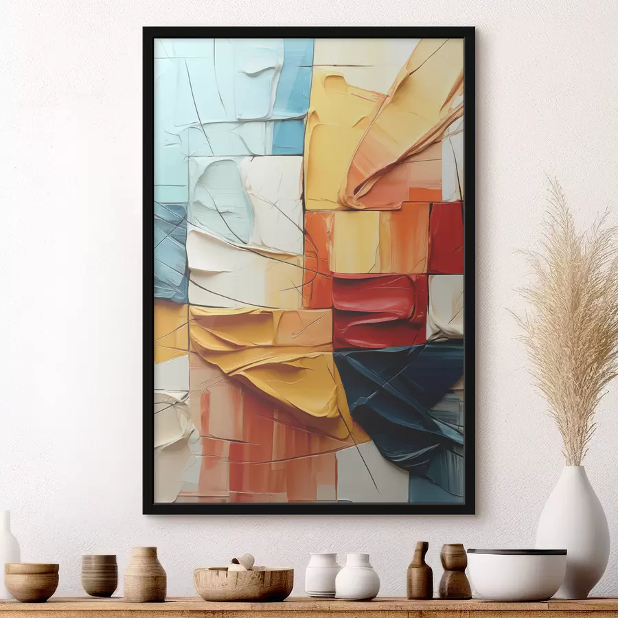 Fotobehang Stukken heldere verf met scheuren, vierkanten, kubismeschilderij f39196