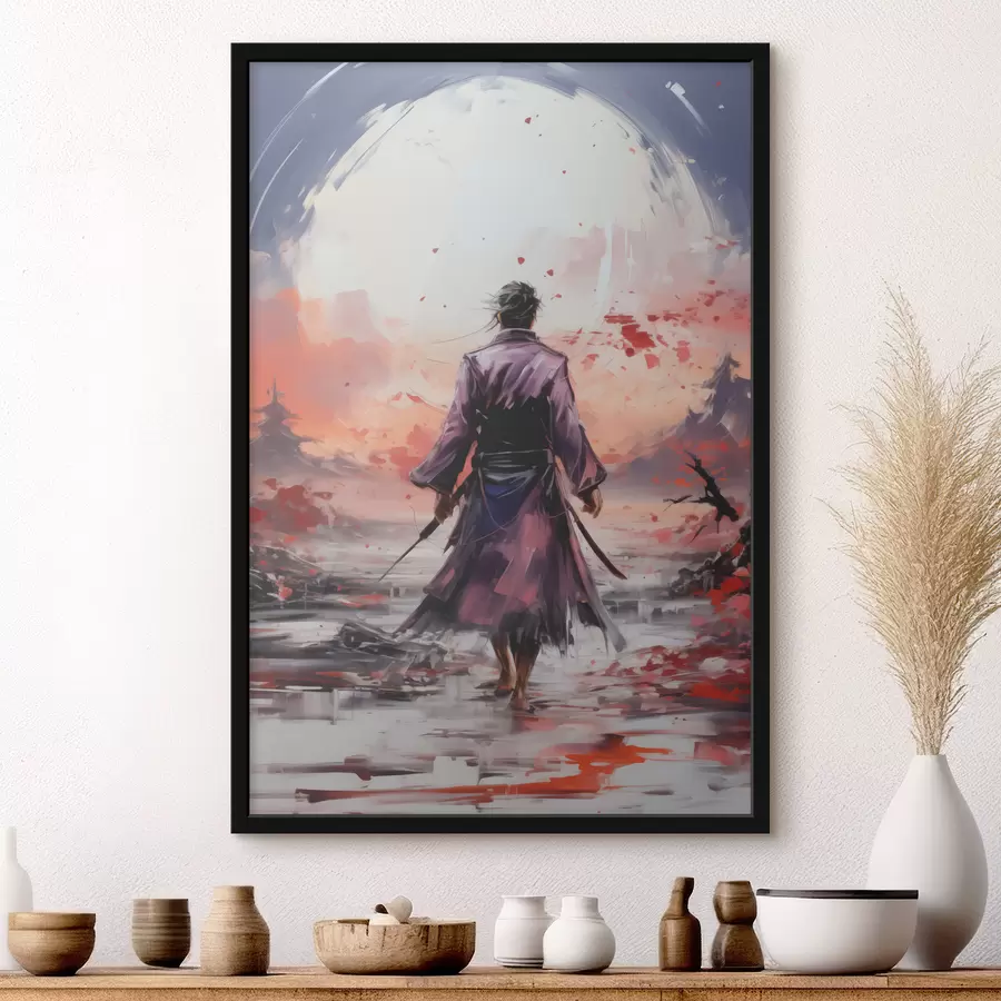 Fotobehang Een samurai met een zwaard in een paarse mantel loopt richting het abstracte kunstschilderij van de bergen f39194
