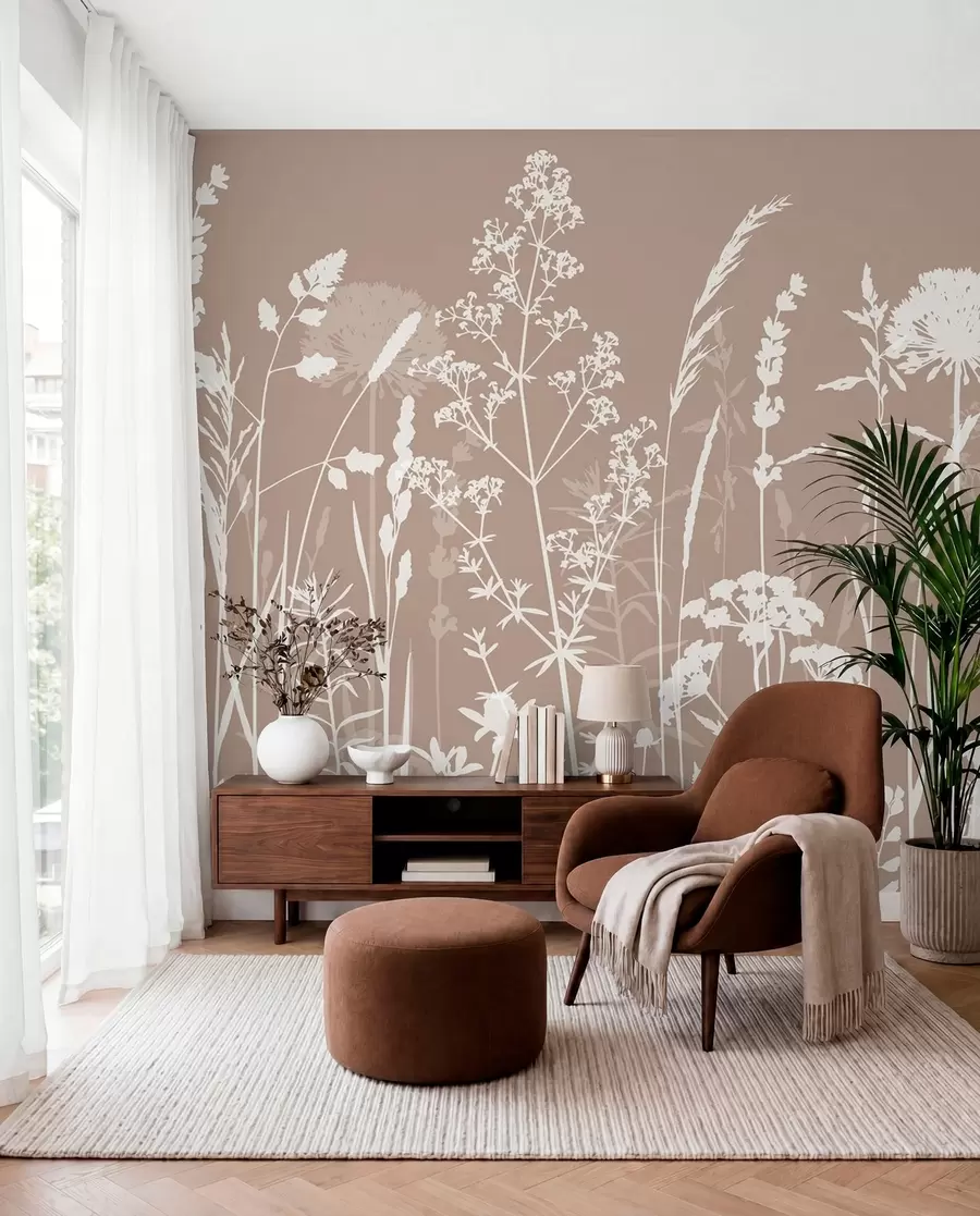 Fotobehang Bloemsilhouetten op taupe w01270v3
