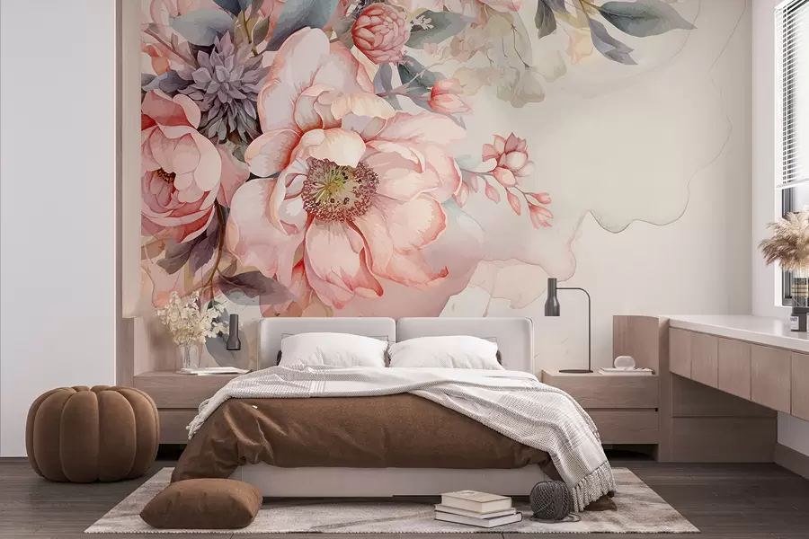 Fotobehang Aquarelroze pioenrozen met delicate bloemblaadjes, omgeven door weelderig pastelgroen en andere bloemen w01245