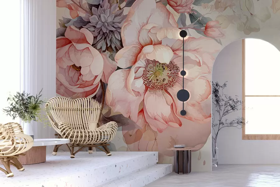Fotobehang Aquarelroze pioenrozen met delicate bloemblaadjes, omgeven door weelderig pastelgroen en andere bloemen w01245