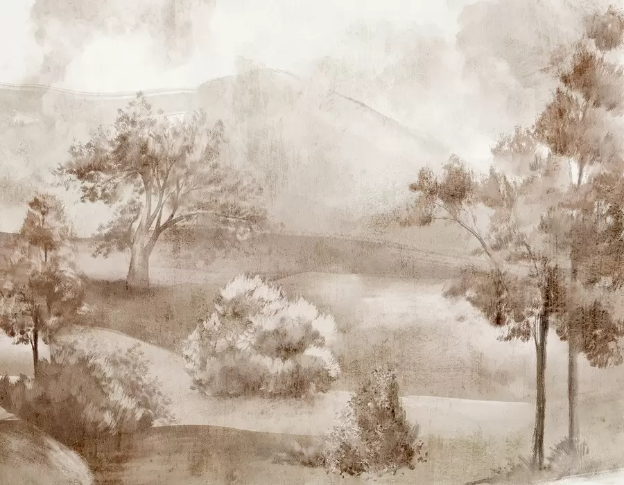 Fotobehang Landschapsschilderij van een mistig landschap omringd door weelderige bomen en gebladerte in bruintinten w01247