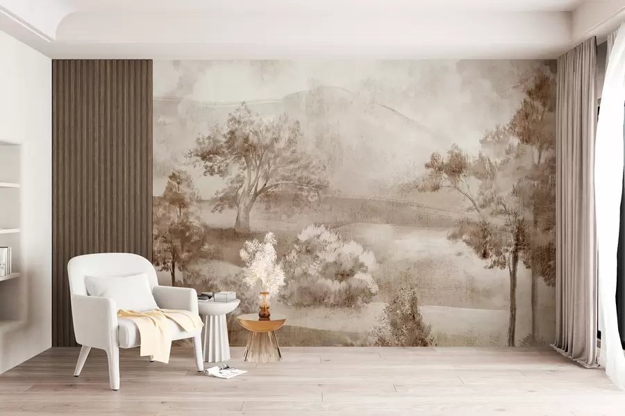 Fotobehang Landschapsschilderij van een mistig landschap omringd door weelderige bomen en gebladerte in bruintinten w01247