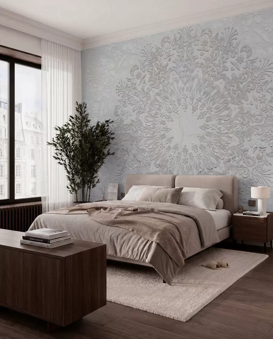 Fotobehang Een zeer gedetailleerde mandala-print die een mooi en delicaat kantontwerp creëert w01249