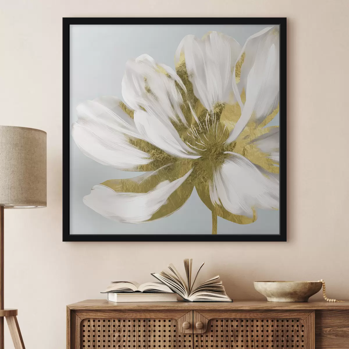 Poster Grote abstracte bloem op een blauwe achtergrond f26121