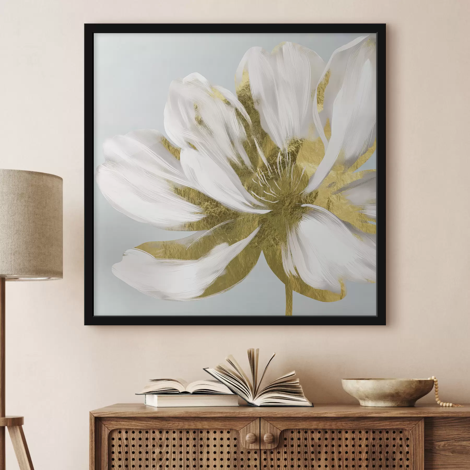  Schilderijen Grote abstracte bloem op een blauwe achtergrond f26121