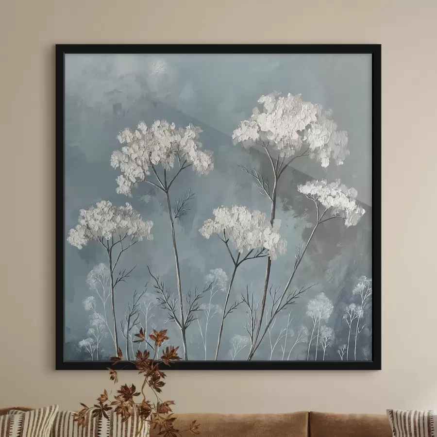 Fotobehang een olieverfschilderij met delicate witte bloemen op een blauwe achtergrond f39325