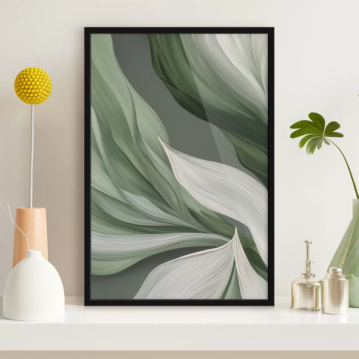 Poster volumineuze abstracte sluier in witte en groene kleuren f39327