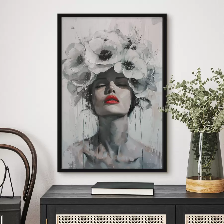 Papier peint photo Portrait d'une femme avec des fleurs dans les cheveux et les lèvres rouges f39253