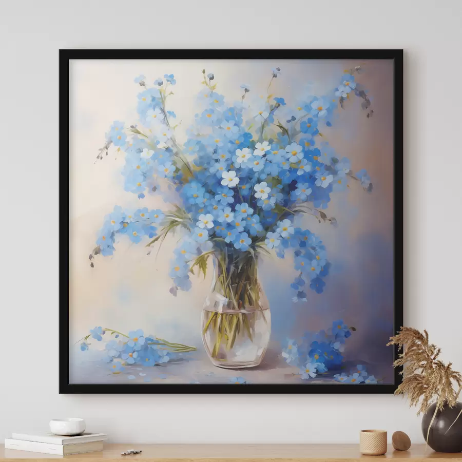 Fotobehang Boeket van blauwe wilde bloemen in een olieverfschilderij van een glazen karaf f39331