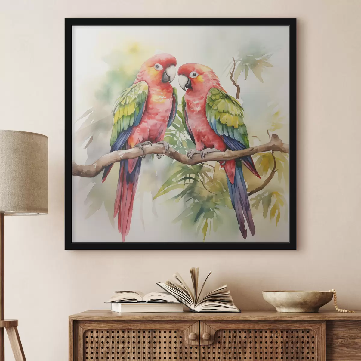 Affiche Deux perroquets ara brillants assis sur une peinture à l'eau sur une branche f39333