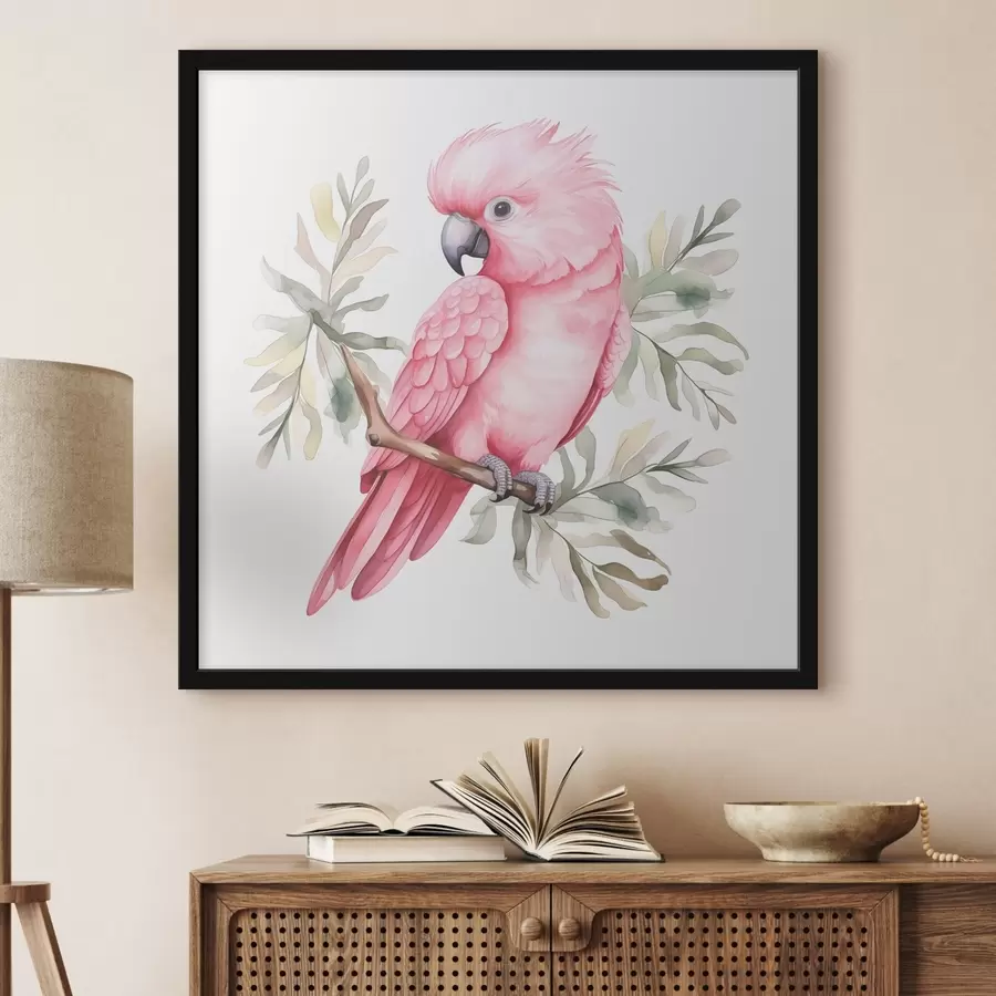 Fotobehang Een roze kaketoe papegaai zit op een aquarel tak f39334