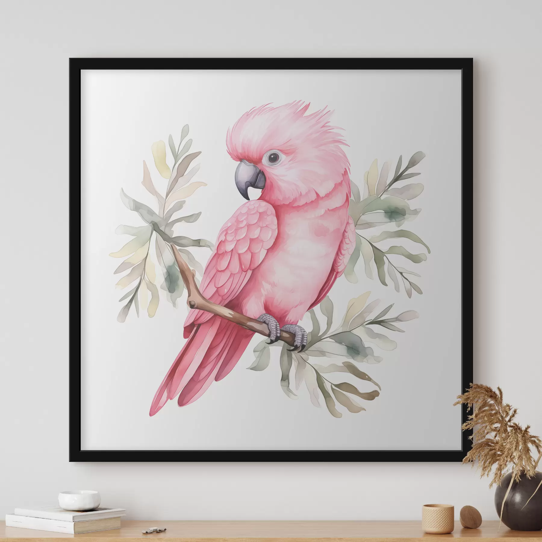  Peintures Un perroquet cacatoès rose assis sur une branche d'aquarelle f39334