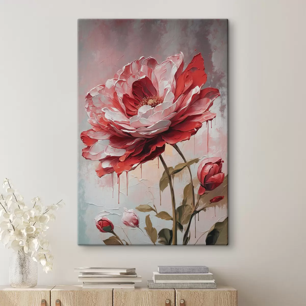  Schilderijen Rode bloem op wit-grijze achtergrond s39173