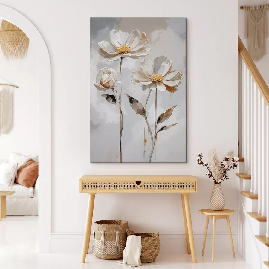  Schilderijen Witte bloemen op witgrijze achtergrond s39174