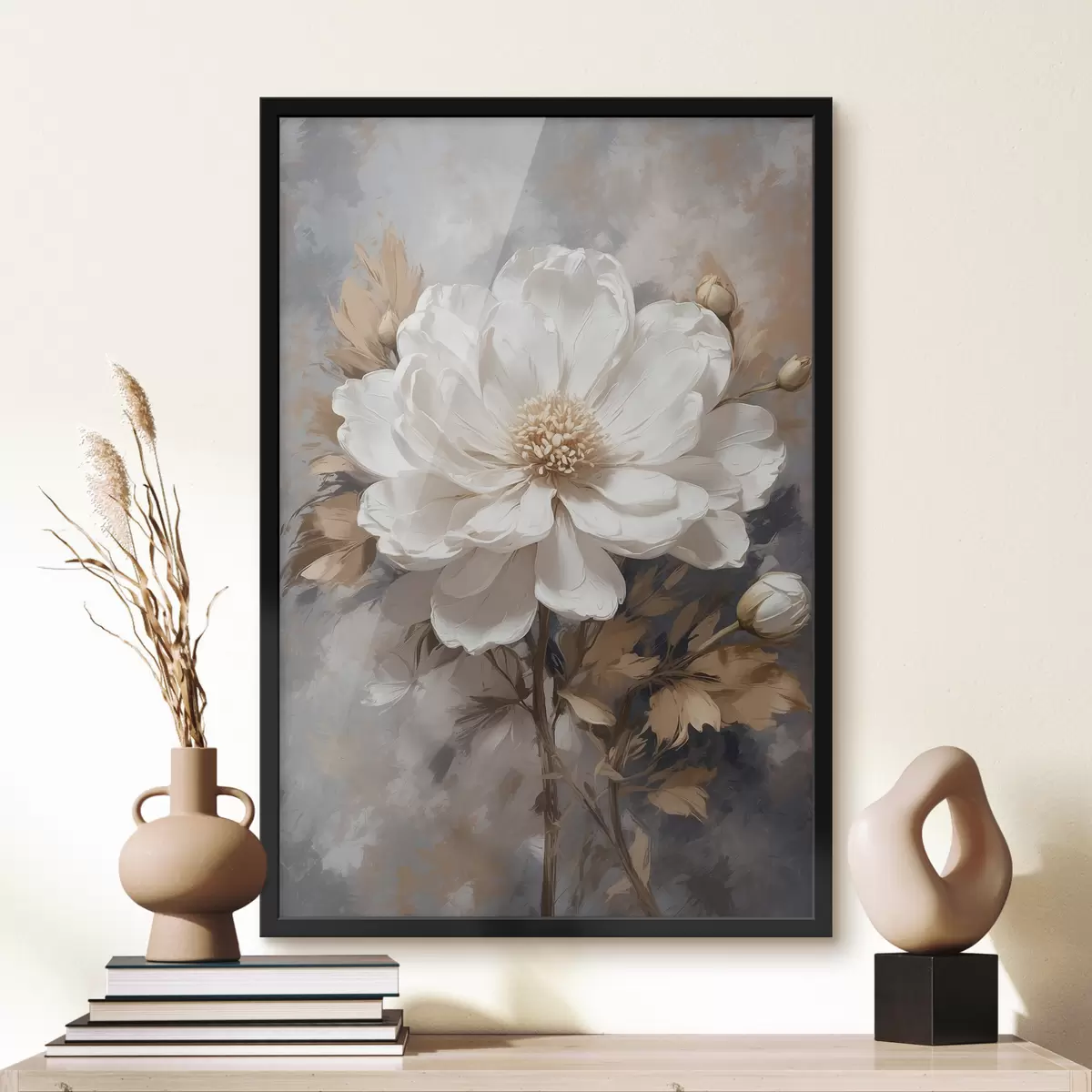 Poster Witte bloem met gouden steel f39166