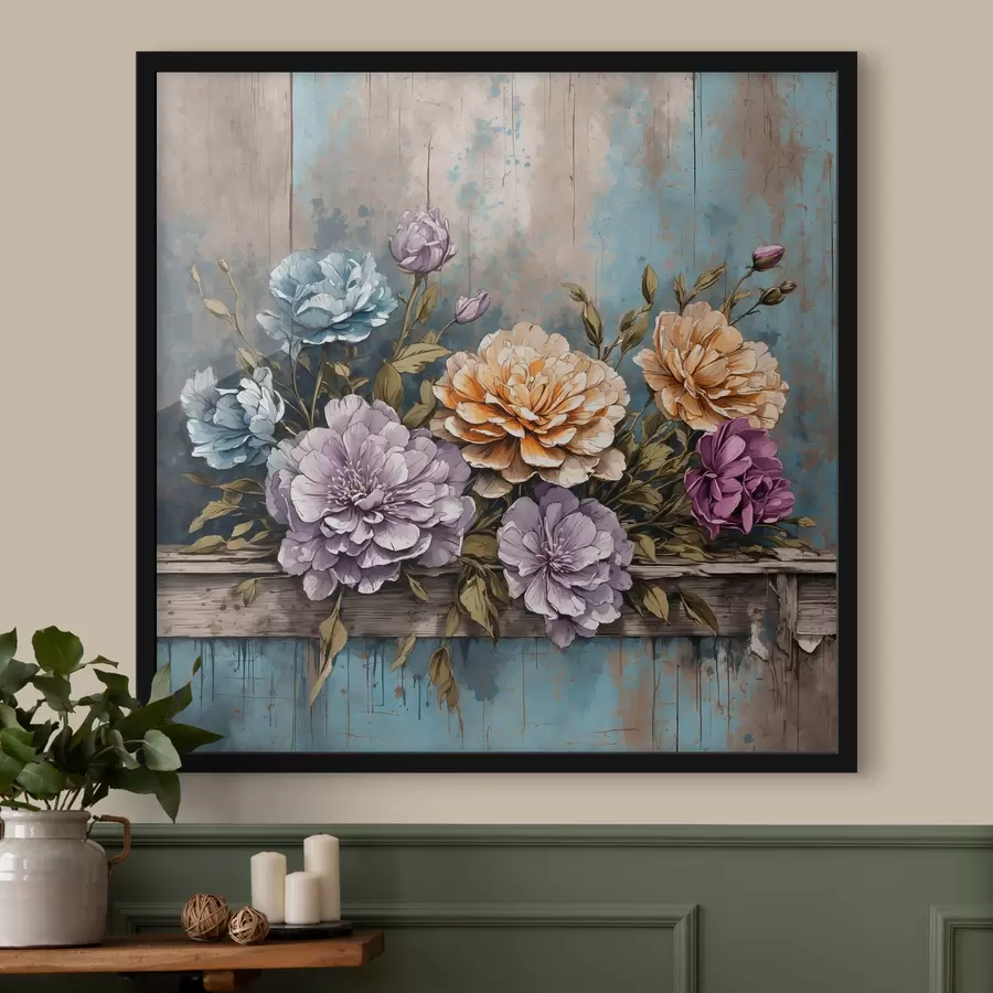 Fotobehang Bloemen en bladeren op oude houten plank f39169