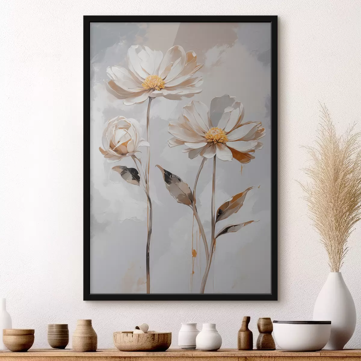 Affiche Fleurs blanches sur fond blanc-gris f39174