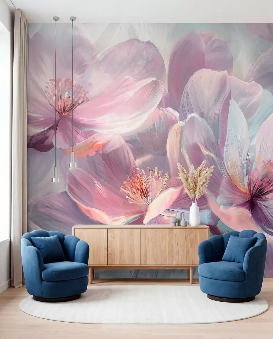 Fotobehang Fijne transparante pastel neonlichtroze en witte bloemen met zachte, onscherpe achtergrond w01307