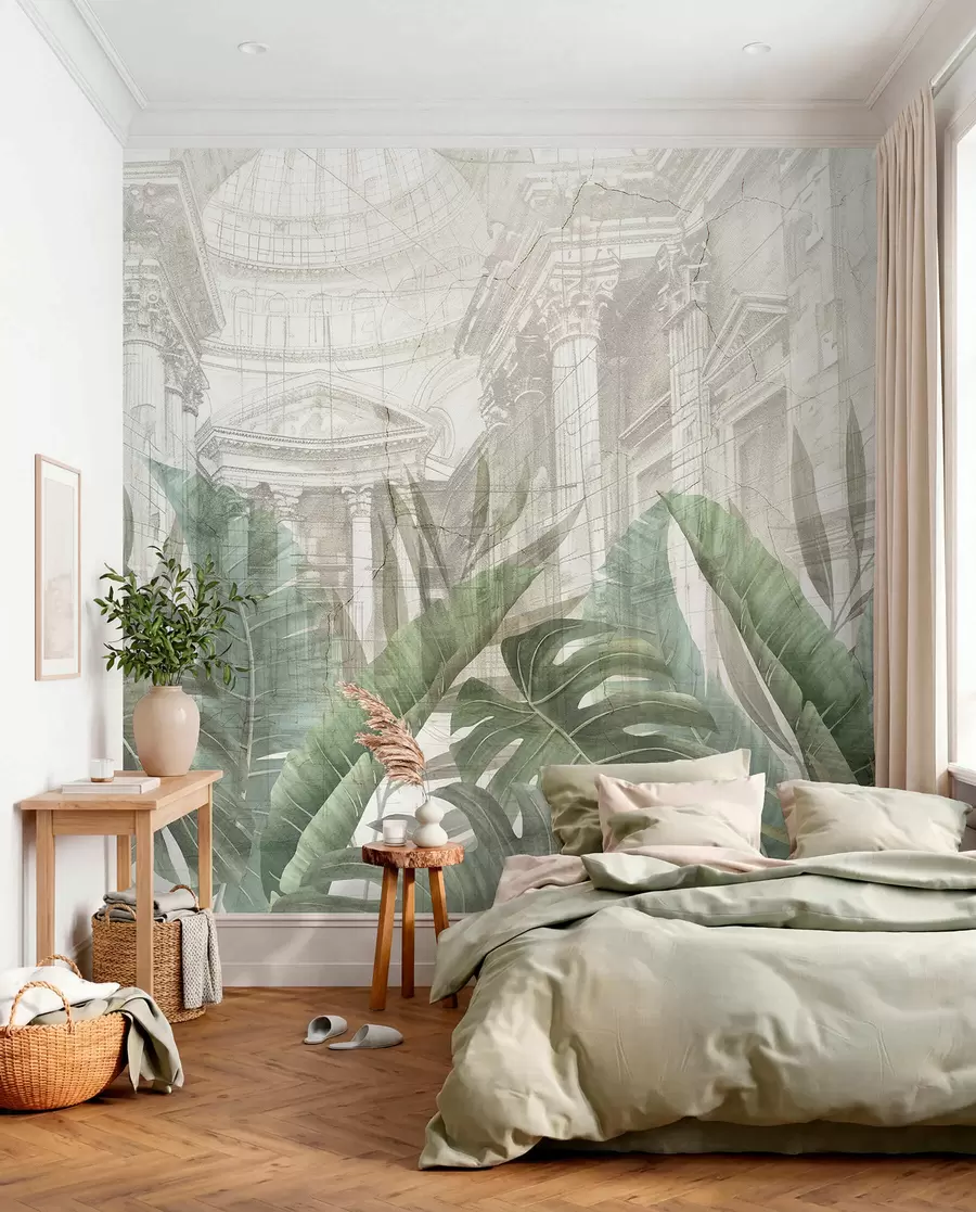 Papier peint photo Un grand dessin de colonnes architecturales en marbre ornées et de plantes vertes tropicales luxuriantes w01311