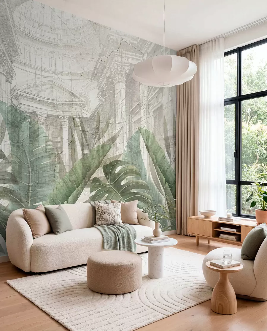 Papier peint photo Un grand dessin de colonnes architecturales en marbre ornées et de plantes vertes tropicales luxuriantes w01311