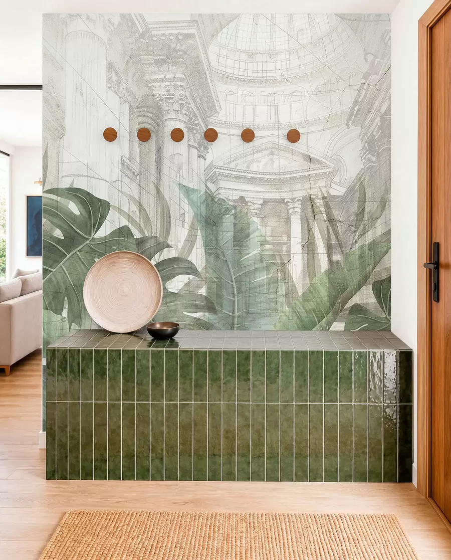 Fotobehang Een grootse tekening met sierlijke architectonische marmeren zuilen en weelderige tropische groene planten w01311