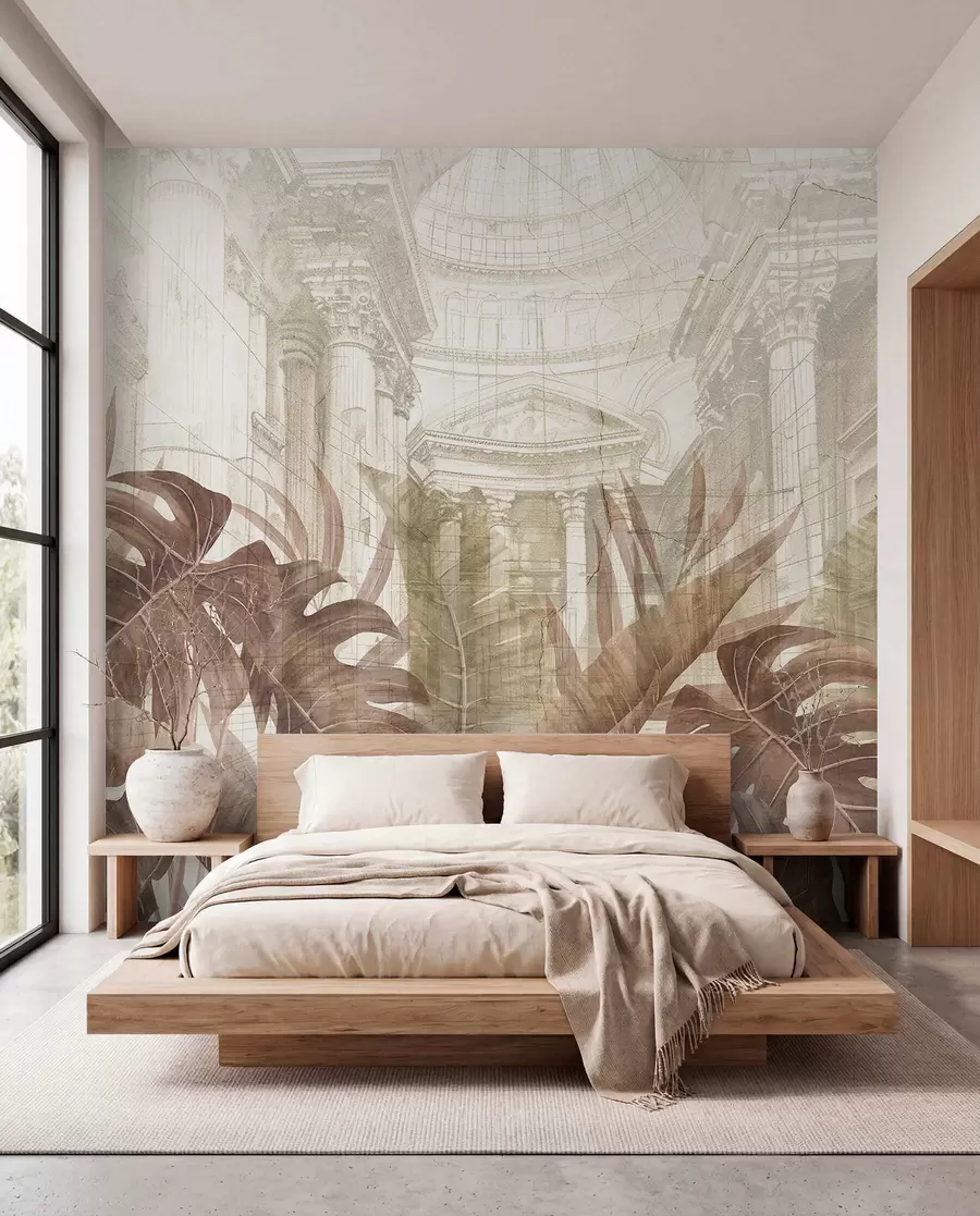Papier peint photo Un grand dessin de colonnes architecturales en marbre ornées et de plantes tropicales sépia luxuriantes w01311v1