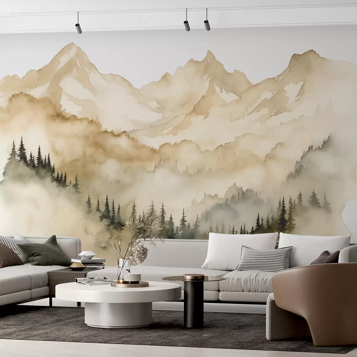 Fotobehang Bos in mist aan de voet van rotsachtige beige bergen aquarel illustratie w07884