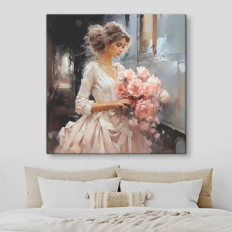 Peintures Une fille en robe blanche à la gare tient un bouquet de roses roses dans ses mains peinture à l'huile s39438