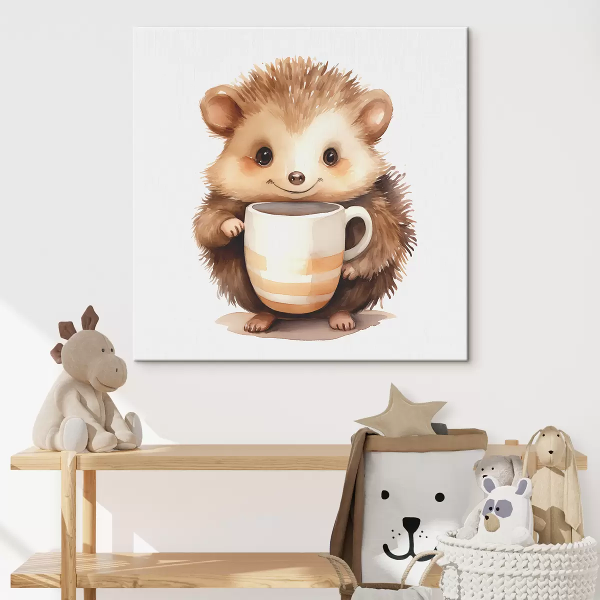 Peintures Hérisson tenant une tasse blanche dans ses pattes illustration aquarelle pour enfants s39440