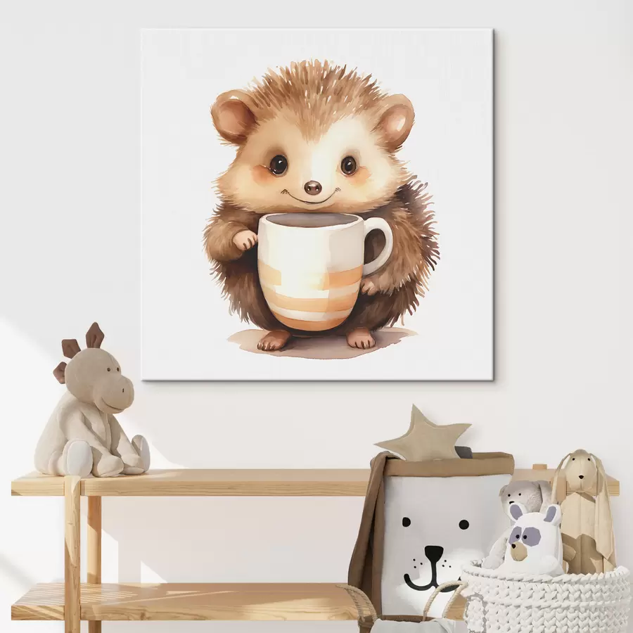 Papier peint photo Hérisson tenant une tasse blanche dans ses pattes illustration aquarelle pour enfants s39440