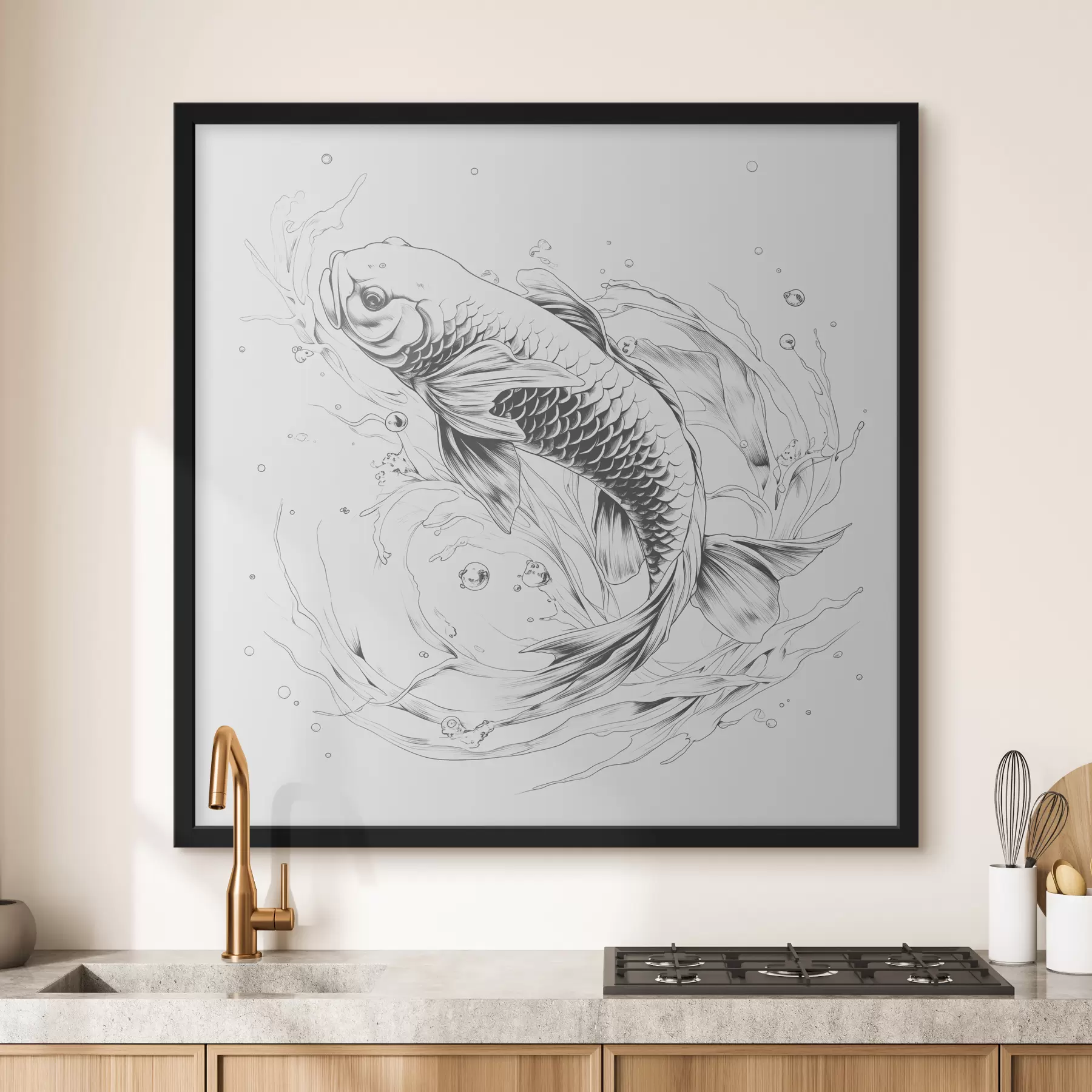  Peintures Dessin au trait monochrome d'un poisson Koi f39433