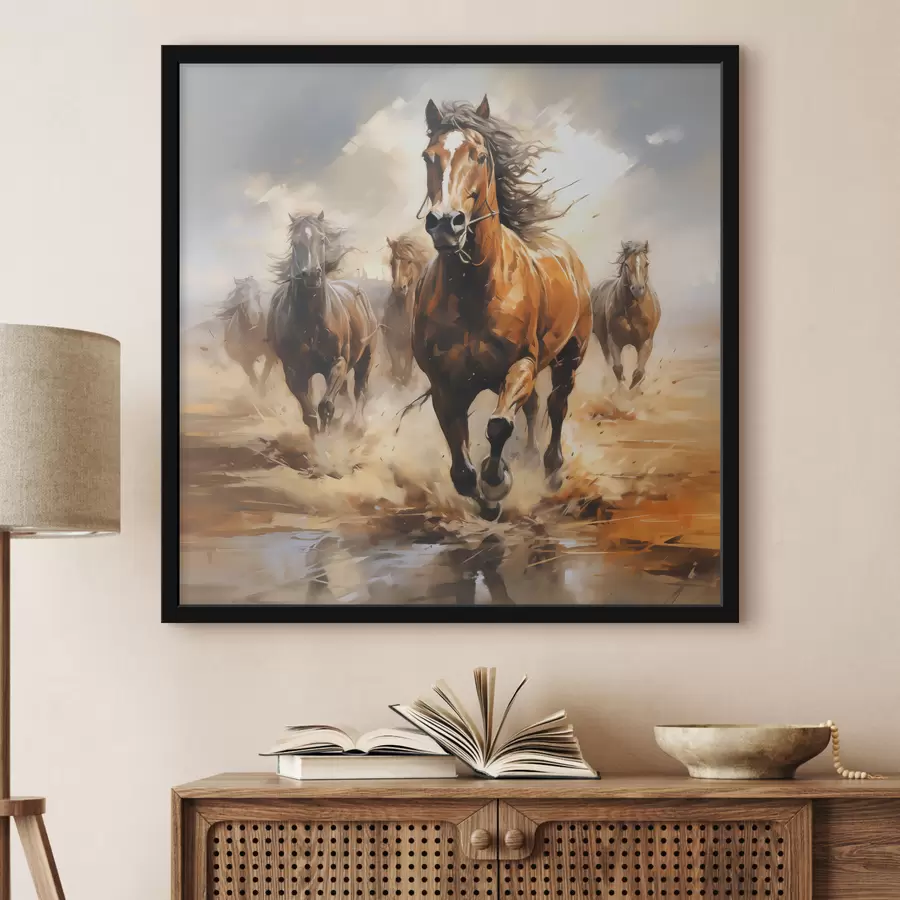 Papier peint photo Chevaux au galop dans la prairie peinture à l'huile f39436